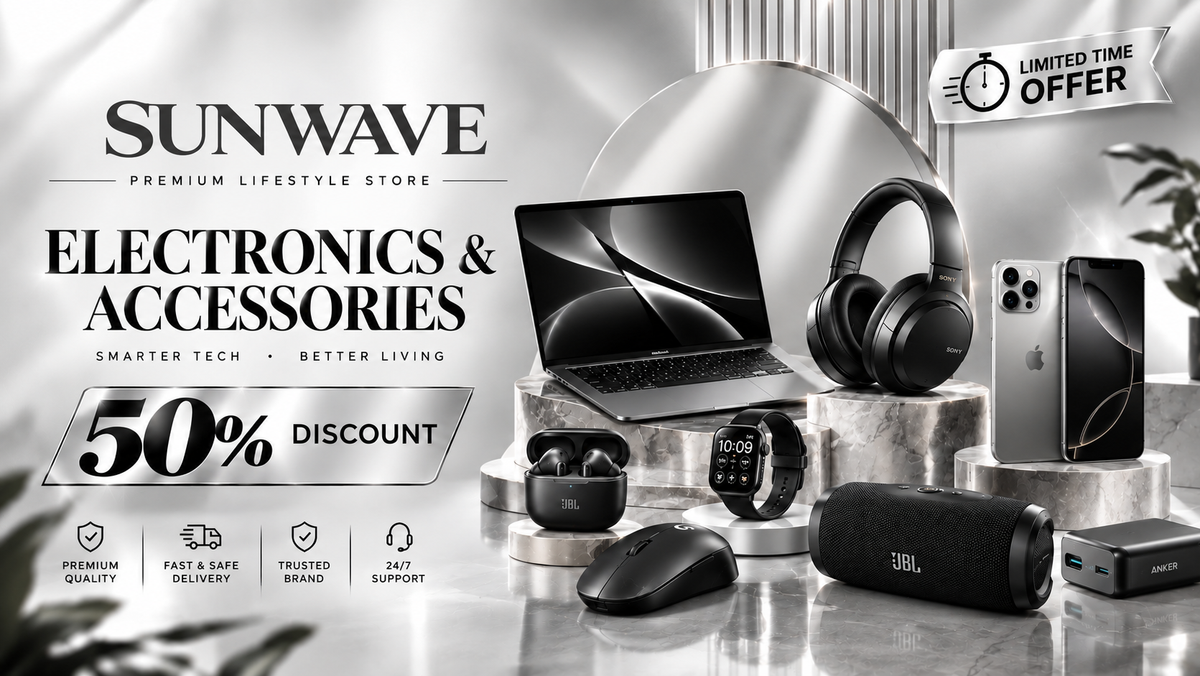 Premium Sunwave lifestyle products on silver and black podiums